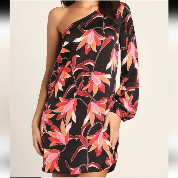 NWT Lulus Bahamas Beauty Black Tropical Print Satin One-Shoulder Dress Medium - Picture 1 of 9